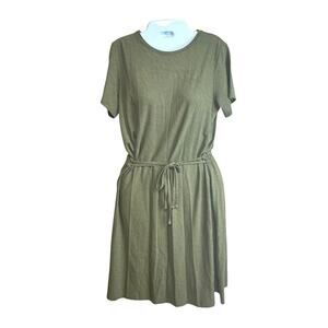 New Theory‎ Vormond Knit Olive Green T-shirt Dress Elastic Tie Waist Women's M